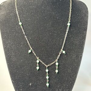 Chic Silver Toned Necklace with Green and Faux Pearl Accents